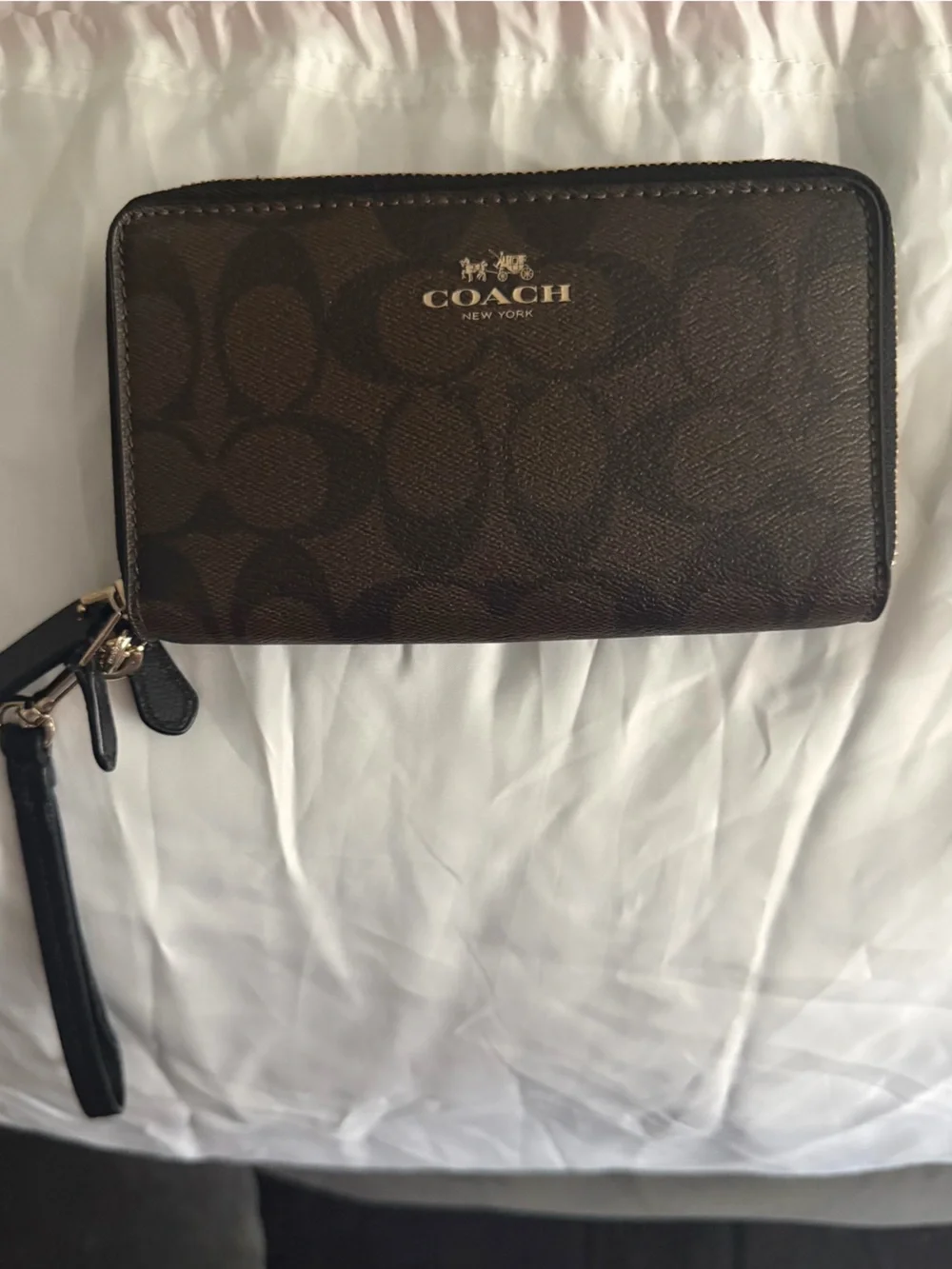Coach Brown Signature Wristlet Card Case with Black Strap